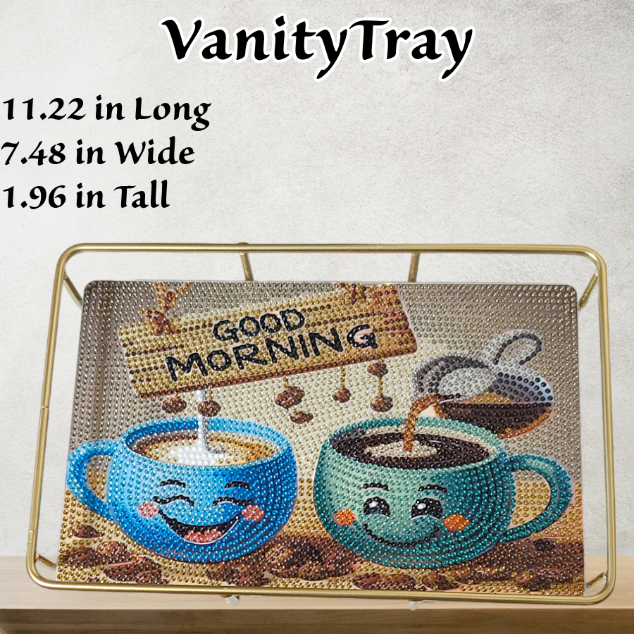 A colorful vanity tray with a 'Good Morning' message, featuring a blue and green mug design, placed on a gold plated metal stand.