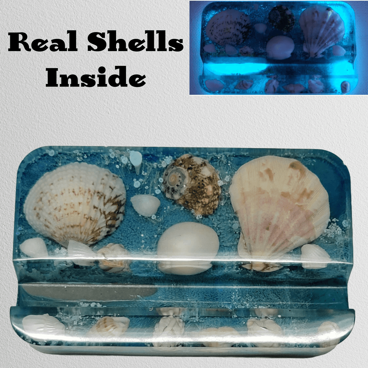 Hand Crafted Resin Phone Business Card Holder Beach Seashell Glow in the Dark