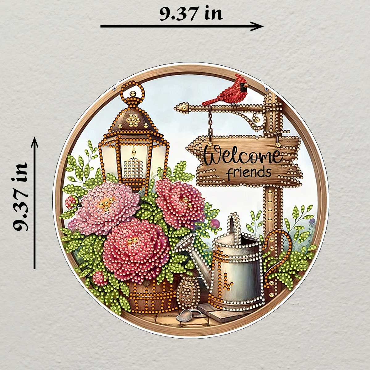 Decorative garden scene with flowers, a lantern, and a 'Welcome friends' sign, with measurements indicated.