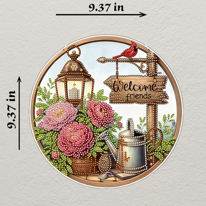 Decorative garden scene with flowers, a lantern, and a 'Welcome friends' sign, with measurements indicated.